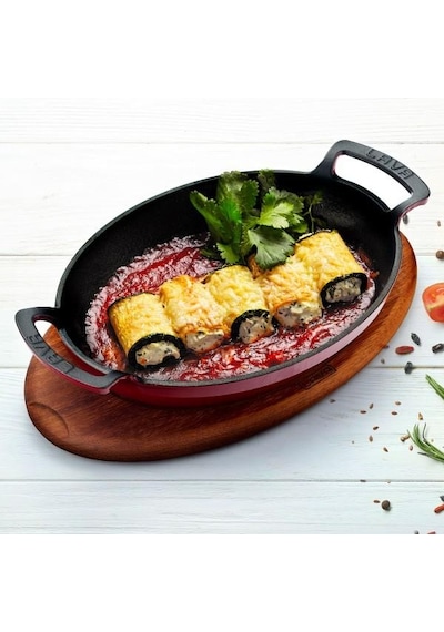 Lava Oval Kulplu Tava Ahşap Altlıklı 27x20 Kırmızı