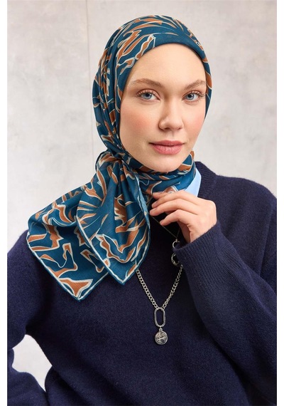 Silk Home Pamuk Polyester Soft Eşarp Koyu Mavi Soyut Desenli Tok Duruşlu 90x90 Çok Renkli
