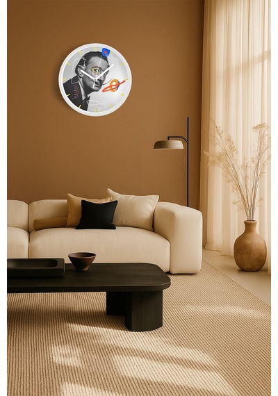 Modern Sanatçı Salvador Dali Portreli Modern Duvar Saati - 35cm - Önü Camlı Beyaz Kasa Beyaz