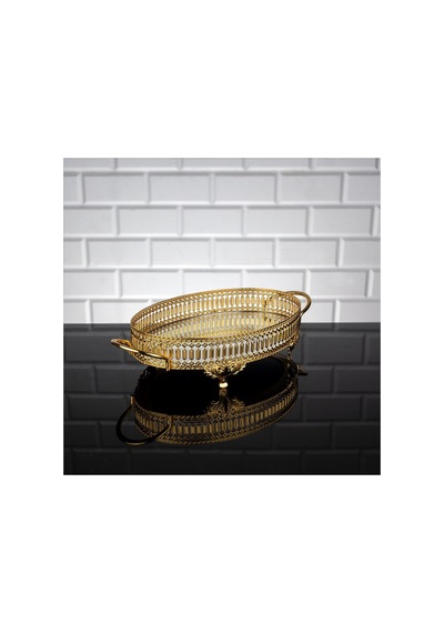 Aynalı Tepsi Dekoratif Sunum Tepsisi Oval İnci Desenli Metal Gold 36 X 20 Cm