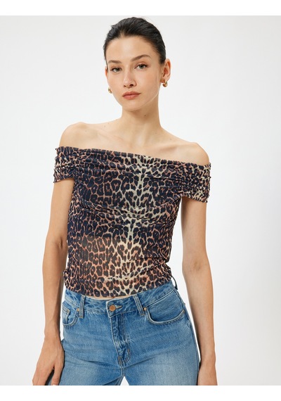 Koton Leopar Desenli Madonna Yaka Bluz Tül Drape Detaylı Siyah Desenli 4sak10959ek