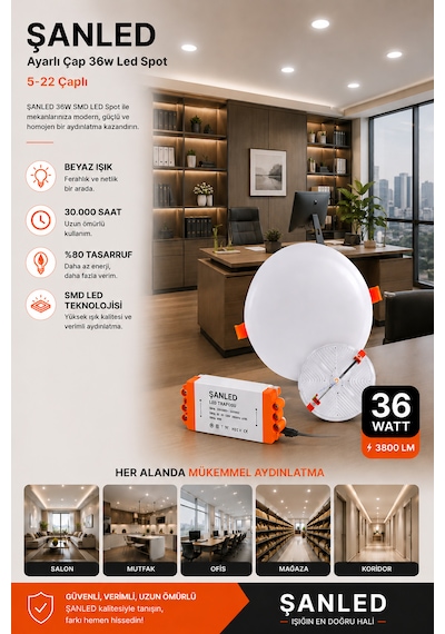 36w Ayarlı Çap Tasarruflu Led Yuvarlak Beyaz Işık Sıva Altı Slim Spot Aydınlatma Armatürü-10 Adet