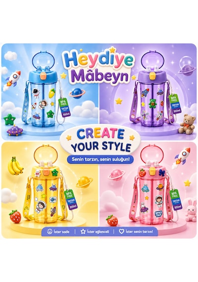 Heydiye Mâbeyn İkili Suluk 550 Ml Tritan Bpa-bps Free Matara, Çift Hazneli, Çift İçim Kapaklı, Bilek Ve Boyun Askılı, Sticker & 3d Figür Hediyeli Sarı
