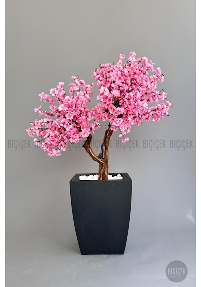 Biçiçek Yapay Pembe Sakura Ağacı 100 Cm Bahar Dalı Antresi̇t Kare Saksıda