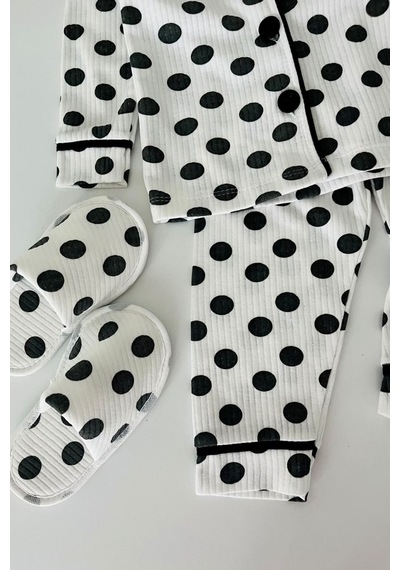 Minigimin Cicileri Puantiye Desenli Terlikli Kız Çocuk 3 Lü Pijama Takımı - Beyaz