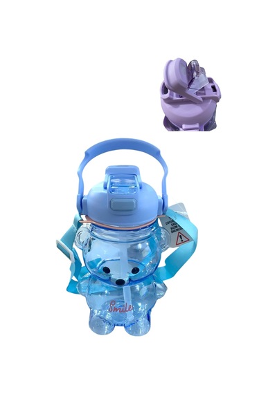 Smile Ayıcıklı Mavi Renk Matara 1000 Ml Askılı Pipetli Bottle Su Şişesi Suluk Bpa İçermez Mavi Plast Diğer