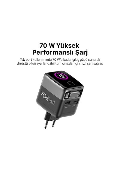Xenon Smart Hızlı Şarj Adaptörü 70w, Gan, Usb-c & Usb-a, Dahili Type-c Kablo, Pd Pps, Dijital Ekran X6413