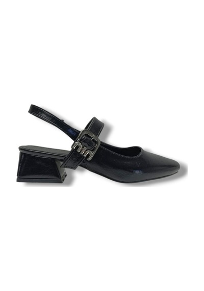 Ceylan Shoes 315-26 Kırışık Rugan Deri Kısa Kare Topuk Arkası Açık Kadın Ayakkabı Siyah