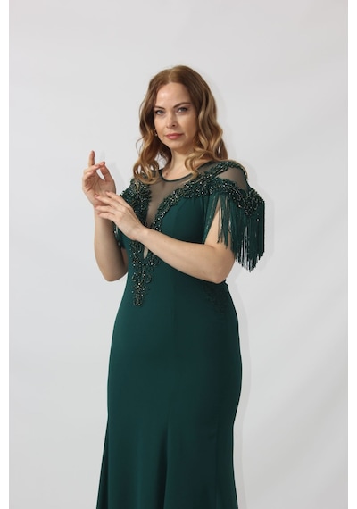 Moda Berray 80099 İşlemeli Püsküllü Büyük Beden Uzun Abiye Siyah