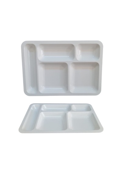 %100 Kırılmaz 12'li Melamin 5 Bölmeli Tabldot Yemek Servis Tabağı - 40x28 Cm Beyaz Beyaz