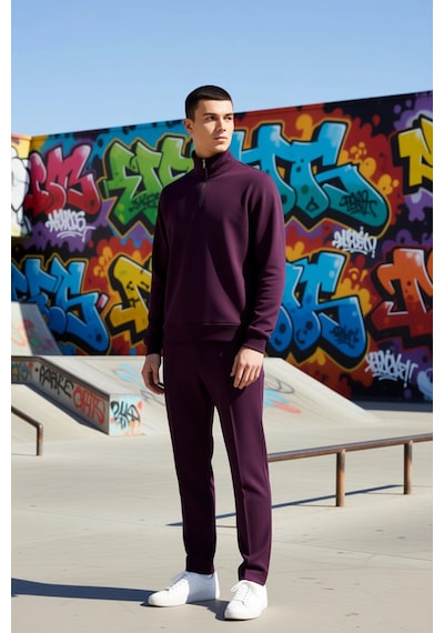 Benerly Erkek Dik Yaka Fermuarlı Standart Kol Regular Kalıp Sweatshirt Fo Mürdüm