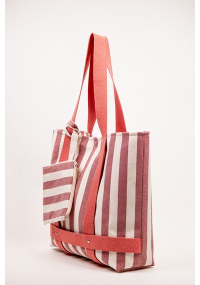 Fabric Craft Bag Plaj Çantası Çizgili Keten Büyük Boy Omuz Çantası 50x40 Cm Çıkarılabilir Cüzdanlı Gülkurusu - Beyaz
