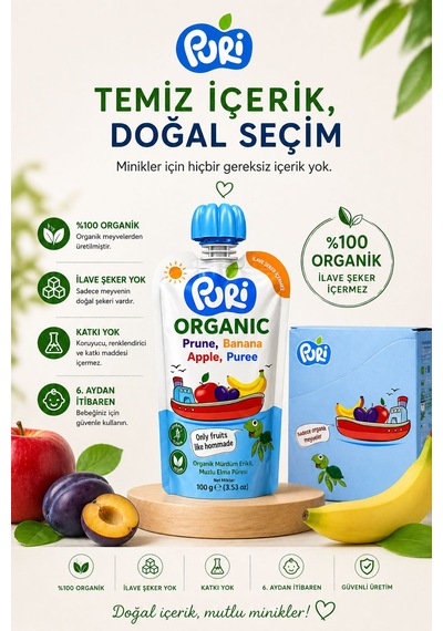 Organic Mürdüm Erikli Muzlu Elma Püresi 100 G x 10 %100 Organik İlave Şekersiz 10'lu Paket