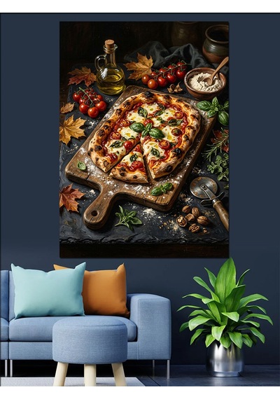 Odun Tahtada Domatesli Pizza Dilimleri Dekoratif Kanvas - Mdf Ahşap Tablo Çok Renkli