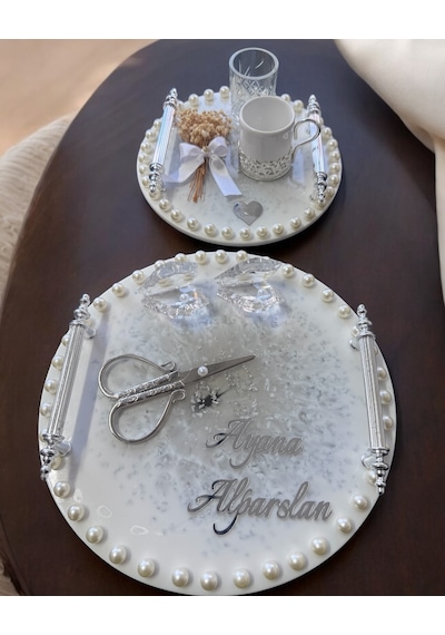 Ethereal Gümüş İncili Söz Nişan Tepsisi Beyaz