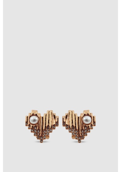 İnci Ve Zirkon Taşlı Kalp Formlu Rose Gold Bijuteri Küpe