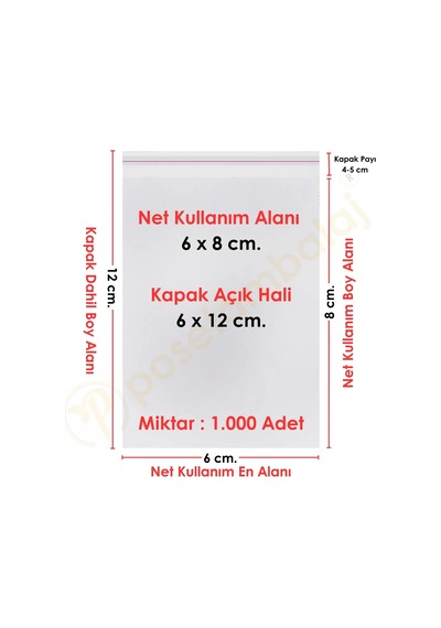 6x8+4 Cm. 6x12 1.000 Adet Şeffaf Bantlı Yapışkanlı Opp Poşet