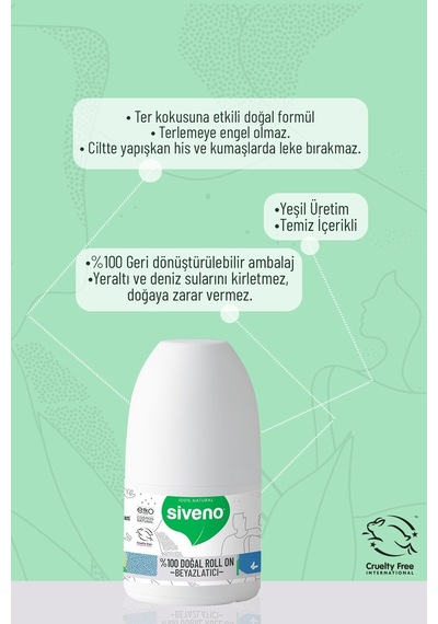 Siveno %100 Doğal Roll-on Beyazlatıcı Etkili Deodorant Ter Kokusu Önleyici Bitkisel Lekesiz Vegan 50 Ml X2 Adet