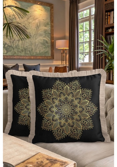Mandala Motifli Saçaklı Yastık Kılıfı - Lüks Bohem Siyah Altın Renkli Püsküllü Kırlent Kılıfı Yosunlu Koyu Gri Mandala Motifli Saçaklı Yastık Kılıfı - Lüks Bohem Siyah Altın Renkli Püsküllü Kırlent Kılıfı Yosunlu Koyu Gri