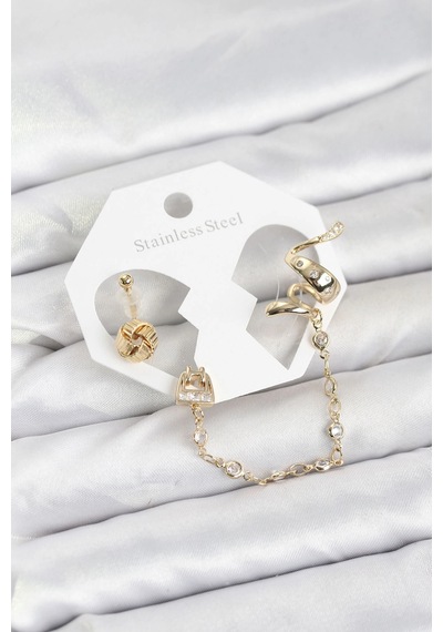 Mey İthalat Pirinç Gold Renk Yılan Model Zincir Bağlantılı Ear Cuff Küpe Seti çok renkli