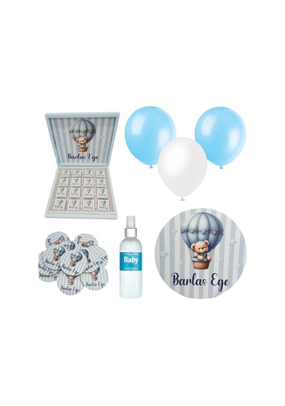 Bebek Doğum Hediyelik Süsleme Seti Çikolata Ahşap Magnet - Kapı Süsü - Kolonya - Balon Mod.9