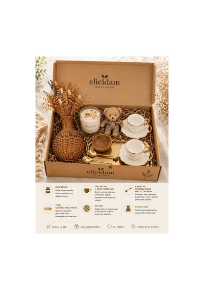 Doğum Günü, Özel Gün, Yeni İş, Yeni Ev Hediyesi Doğal Soya Mum, Porselen Fincan, Gold Tepsi Ve Rattan Vazo Seti
