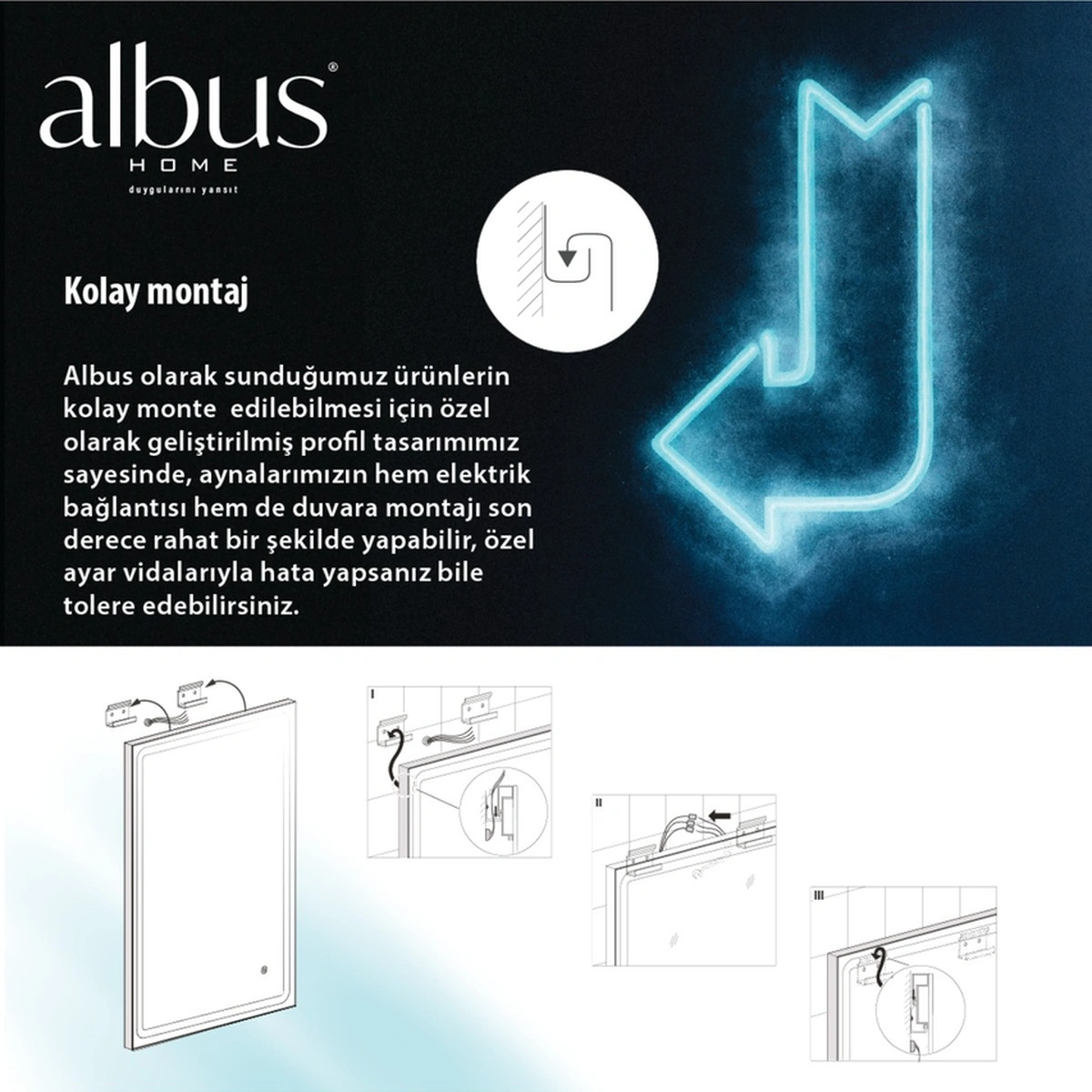 Albus Home - Hera Led Aydınlatmalı Ayna - Tri-color Dimmer Defogger Mat Krom