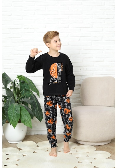 Yeni Stil Sonbahar/kış Erkek Çocuk Basketball Desenli Polar Pijama Takımı 4562 Siyah