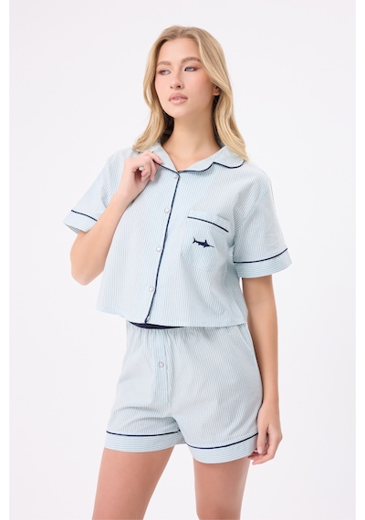 Lespadon Marısılk Seastrıpe Kadın Yazlık Şortlu Crop Gömlekli Pijama & Lounge Takımı-3174 Yesil