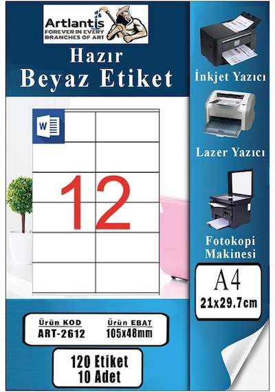A4 Hazır Etiket 105x48 Mm 10 Sayfa 1 Paket 12 Li Kendinden Yapışkanlı Fotokopi Lazer İnkjet Kağıdı Yazıcılar İçin Uyumlu