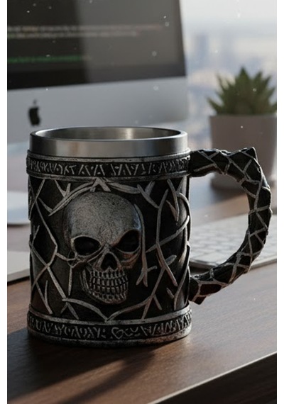 Dikenli Dal Detaylı Kurukafa Çelik Kupa - 3d Kabartmalı Dark Gothic Skull Paslanmaz Mug Çok Renkli