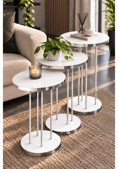 Sulorahome Gümüş Metal Ayaklı Beyaz 3'lü Zigon Sehpa Takımı