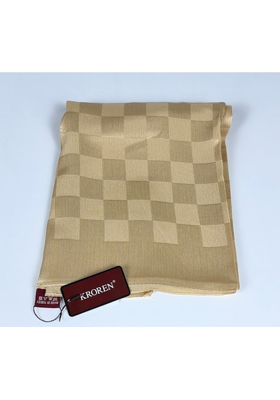 Kroren Krep Jakarlı Dama Desen Şal - 70 X 190 - 7379 Bej