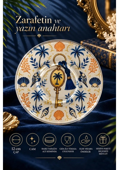 6 Lı Cam Çay Tabağı Anahtar Ve Palmiye Desenli 12 Cm, 6 Adet Çay Tabak Lacivert