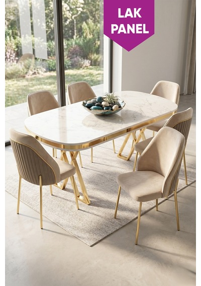 Lindia Serisi 90x168 Lak Panel Beyaz Mermer Desen Gold Ayaklı Masa Takımı 6 Krem Sandalye Lindia Serisi 90x168 Lak Panel Beyaz Mermer Desen Gold Ayaklı Masa Takımı 6 Krem Sandalye