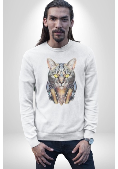 Kulaklık Kedi Unisex Beyaz Baskılı Sweatshirt Beyaz
