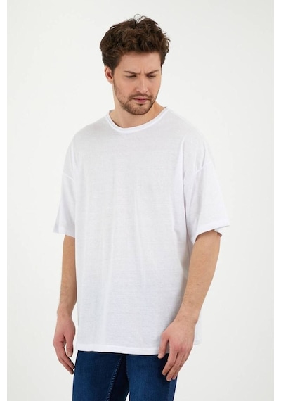 Basic Düz 2'li Çoklu Kombin T-shirt - Beyaz Oversize Bisiklet Yaka Beyaz