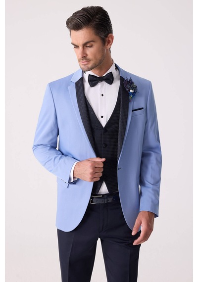 Ysf Erkek Mavi Slim Fit Yelekli Damatlık