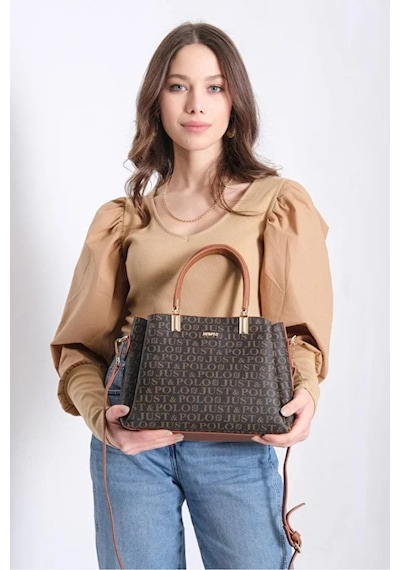 Just Polo Kadın Baskılı Ayarlanabilir Askılı Shopper El & Omuz Çantası Shoulder Bag Kahverengi - Taba