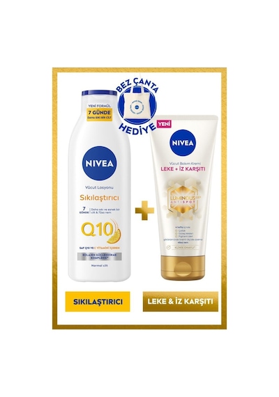 NIVEA Q10 Sıkılaştırıcı Losyon 250 ML + Luminous630 Leke Çatlak Karşıtı Vücut Kremi 200 ML + Çanta