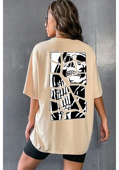 Unisex Skullcracked Baskılı T-shirt Bej