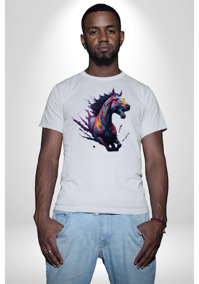 Renkli At Koşu Unisex Unisex Beyaz Organik Baskılı T-shirt Penye Yüksek Kalite Beyaz