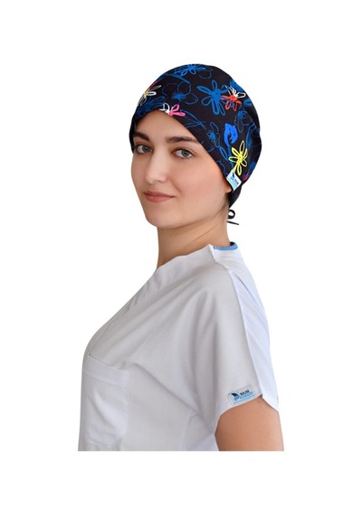 Lacivert Çiçekler Temalı Doktor Hemşire Aşçı Cerrahi Bonesi Gri gri