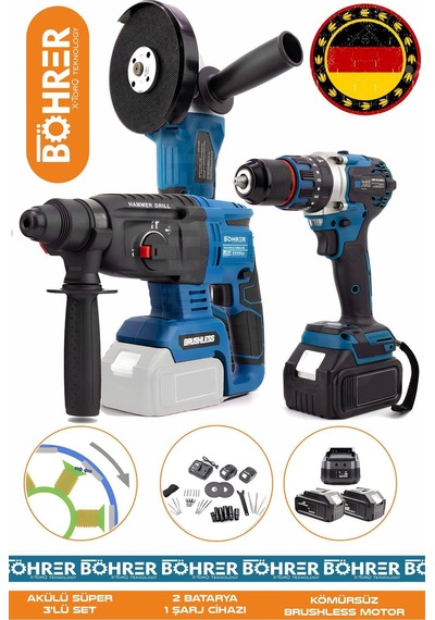 Böhrer HB0316T V598/36V Akülü 13 MM Akülü Kırıcı Delici Hilti + Darbeli Vidalama + Taşlama Makinesi Süper 3'lü Set