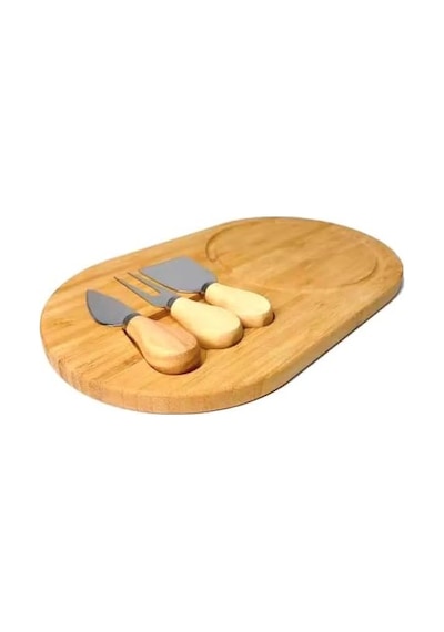 Bambu Peynir Sunum Tabağı, 3 Parça Peynir Bıçağı Ve Çatalı Seti, Toplam 4 Parça, Doğal Ve Şık Peynir Tabağı, Kaliteli Sunum Seti 34x20 Cm Ebatlarında Açık Bej