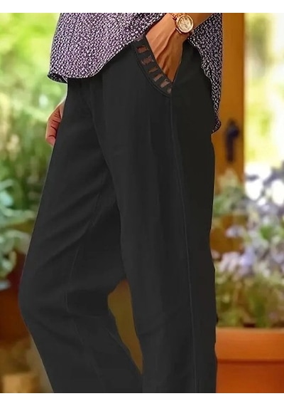 Valensdesign Kadın Beli Lastikli Bağcıklı Cep Ve Pantolon Ucu Güpür Detaylı Pantolon Siyah