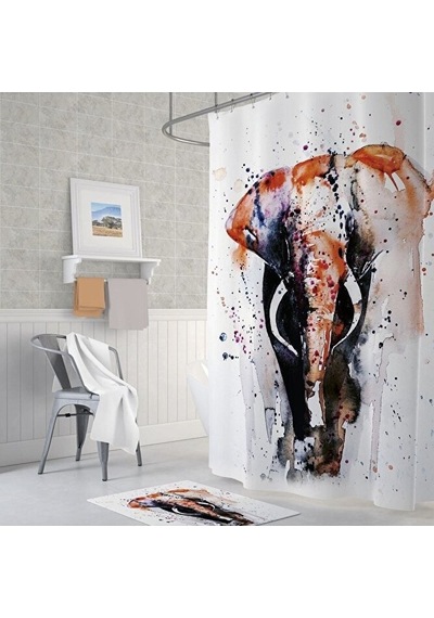 Polyester Kumaş Renkli Fil Desen Banyo Perdesi Yerli Üretim 180x2 Çok Renkli