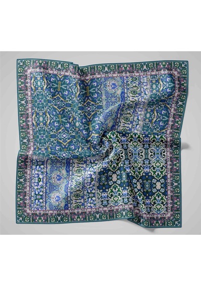 Silk Home Twill İpek Eşarp Petrol Mavisi-ekru Desenli Tok Duruşlu 90x90 Çok Renkli