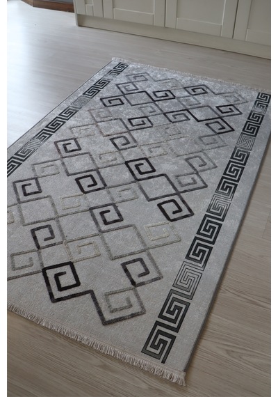 Arte Nakışlı Gri Beyaz Kilim Dekoratif Salon Halısı Yıkanabilir Gri - Beyaz