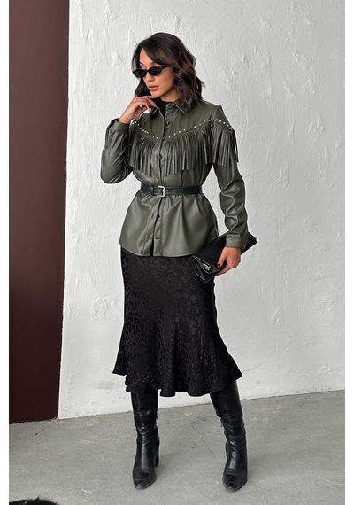 Verymoda Droplu Püsküllü Suni Deri Gömlek - F2043 Haki